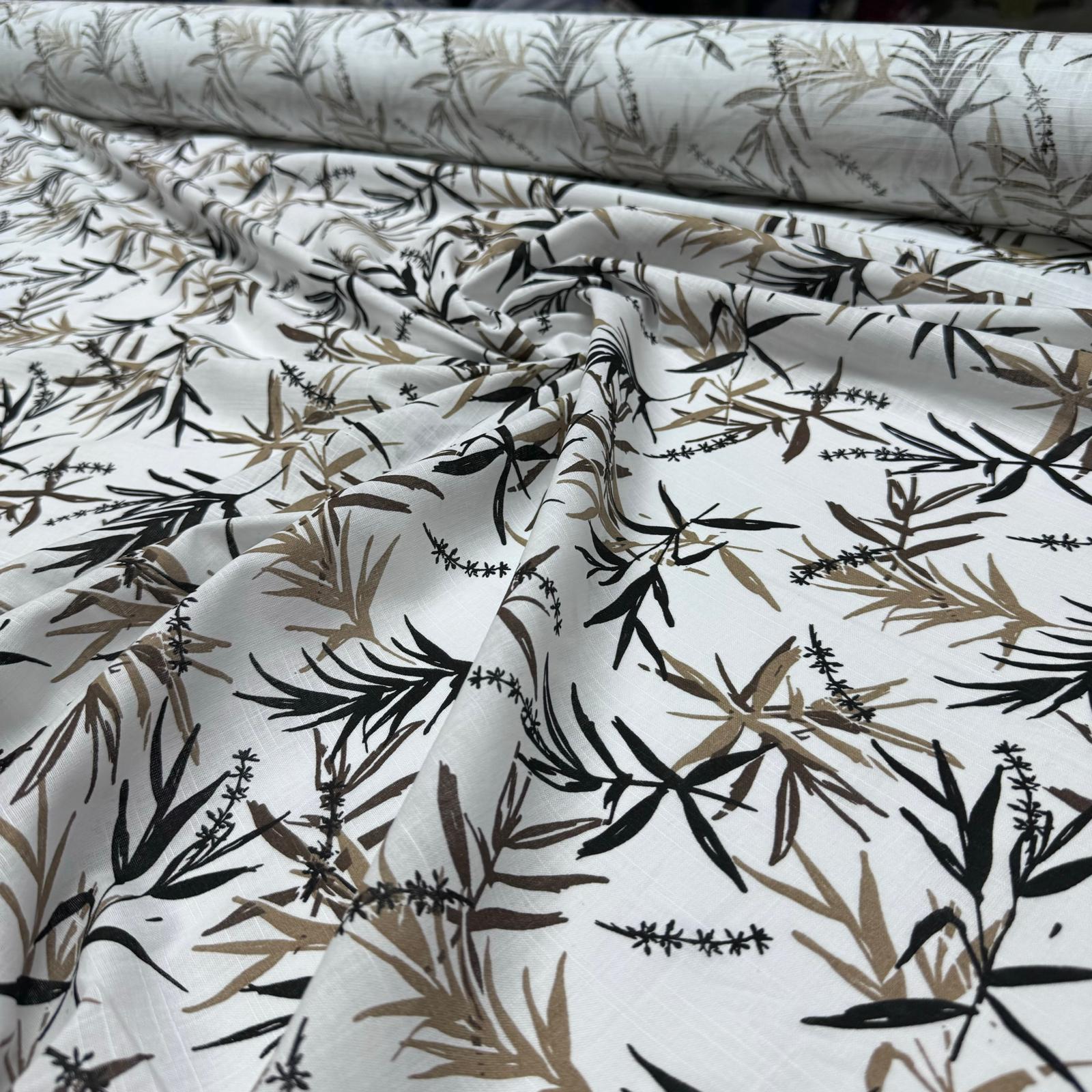 %100 Pamuk Flam Keten Kumaş Bambu Yaprak Desen Kahverengi