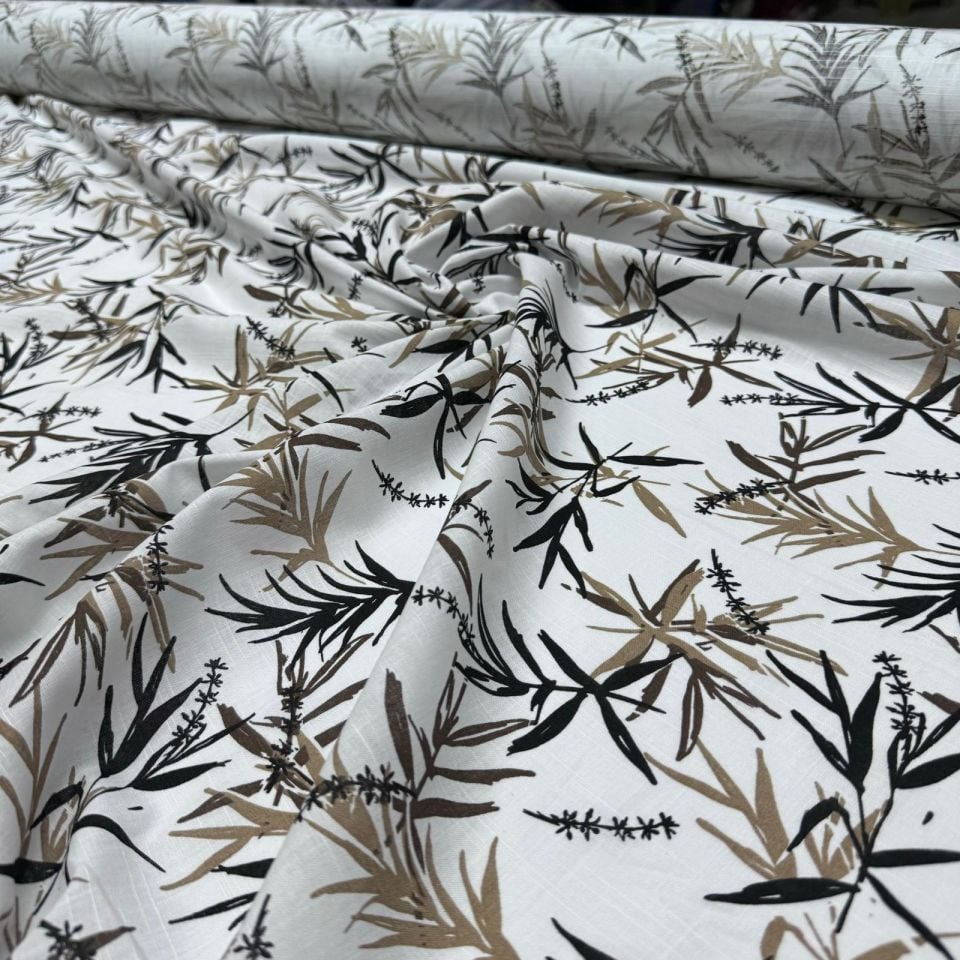 %100 Pamuk Flam Keten Kumaş Bambu Yaprak Desen Kahverengi