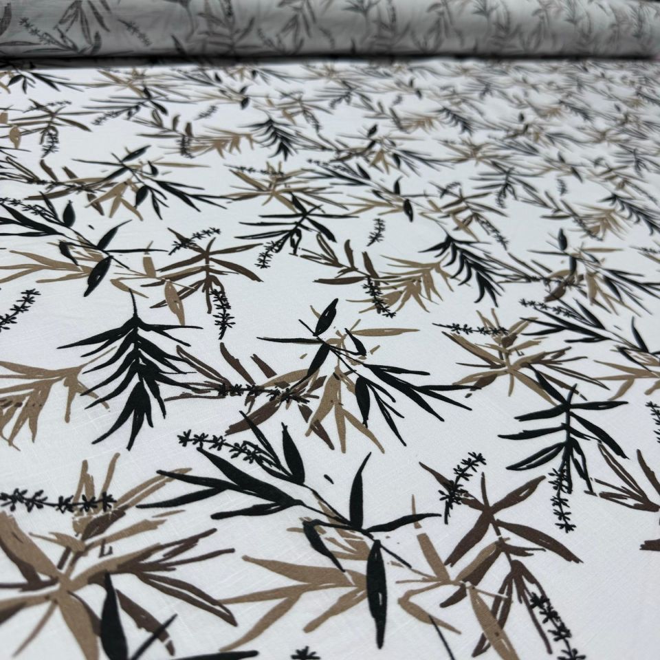 %100 Pamuk Flam Keten Kumaş Bambu Yaprak Desen Kahverengi