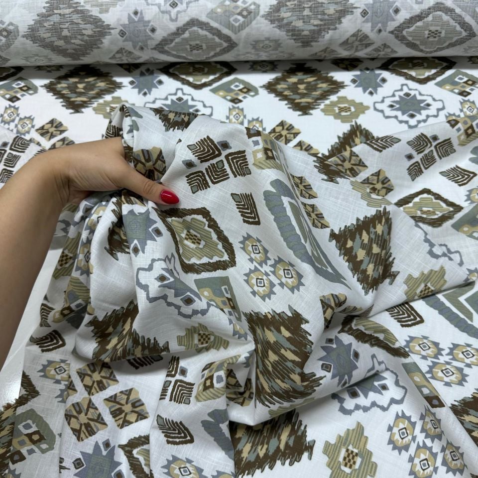 %100 Pamuk Flam Keten Kumaş Kilim Desen Kahverengi Bej