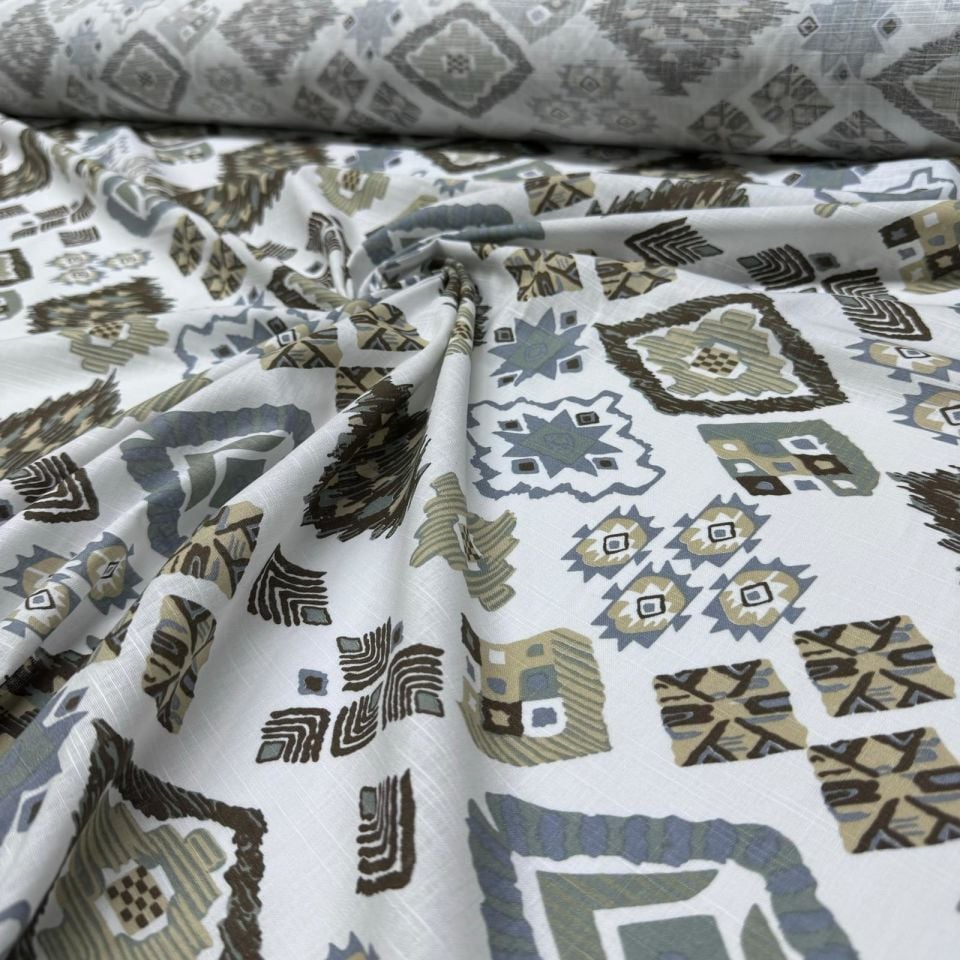 %100 Pamuk Flam Keten Kumaş Kilim Desen Kahverengi Bej