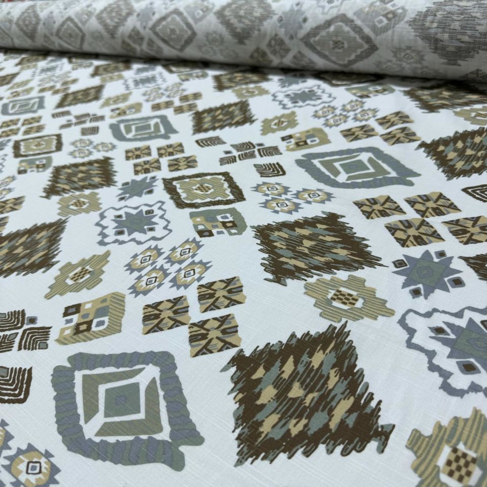 %100 Pamuk Flam Keten Kumaş Kilim Desen Kahverengi Bej