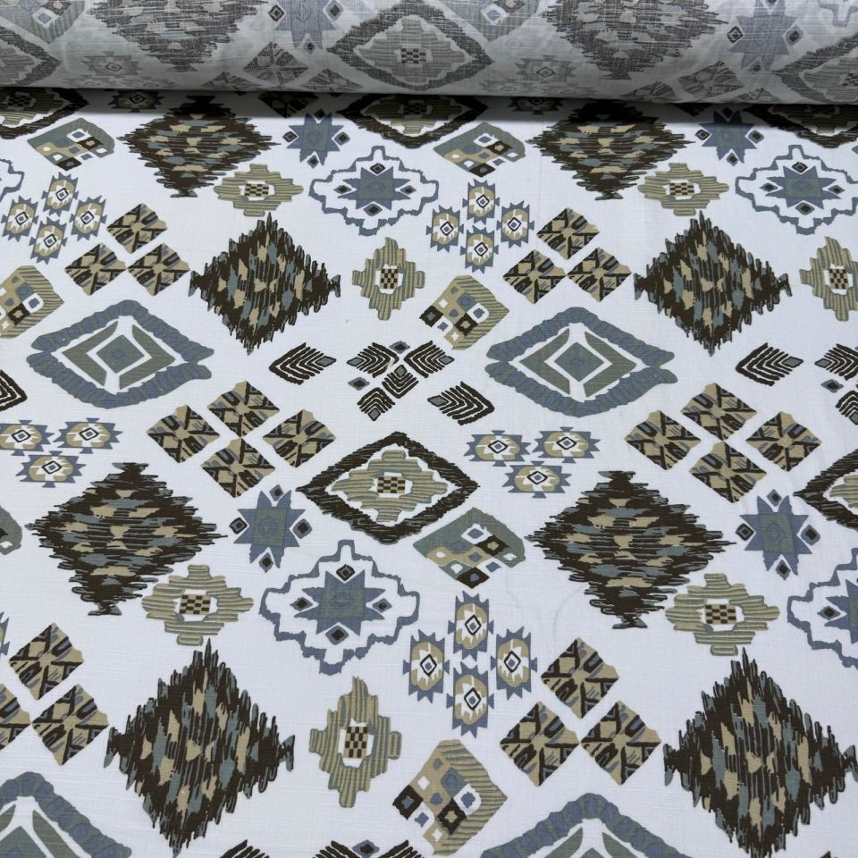 %100 Pamuk Flam Keten Kumaş Kilim Desen Kahverengi Bej