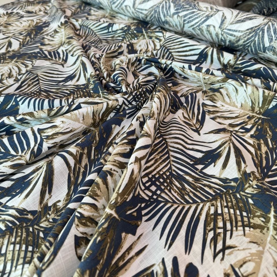 %100 Pamuk Flam Keten Kumaş Lacivert Kahve Yaprak Desenli