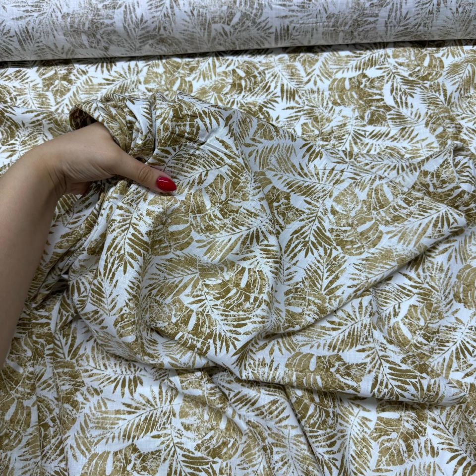 %100 Pamuk Flam Keten Kumaş Yaprak Desen Sütlü Kahve