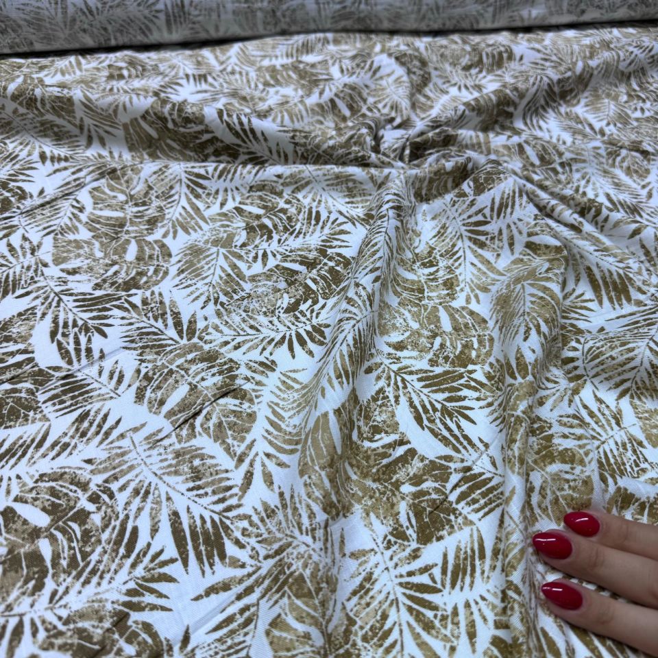 %100 Pamuk Flam Keten Kumaş Yaprak Desen Sütlü Kahve