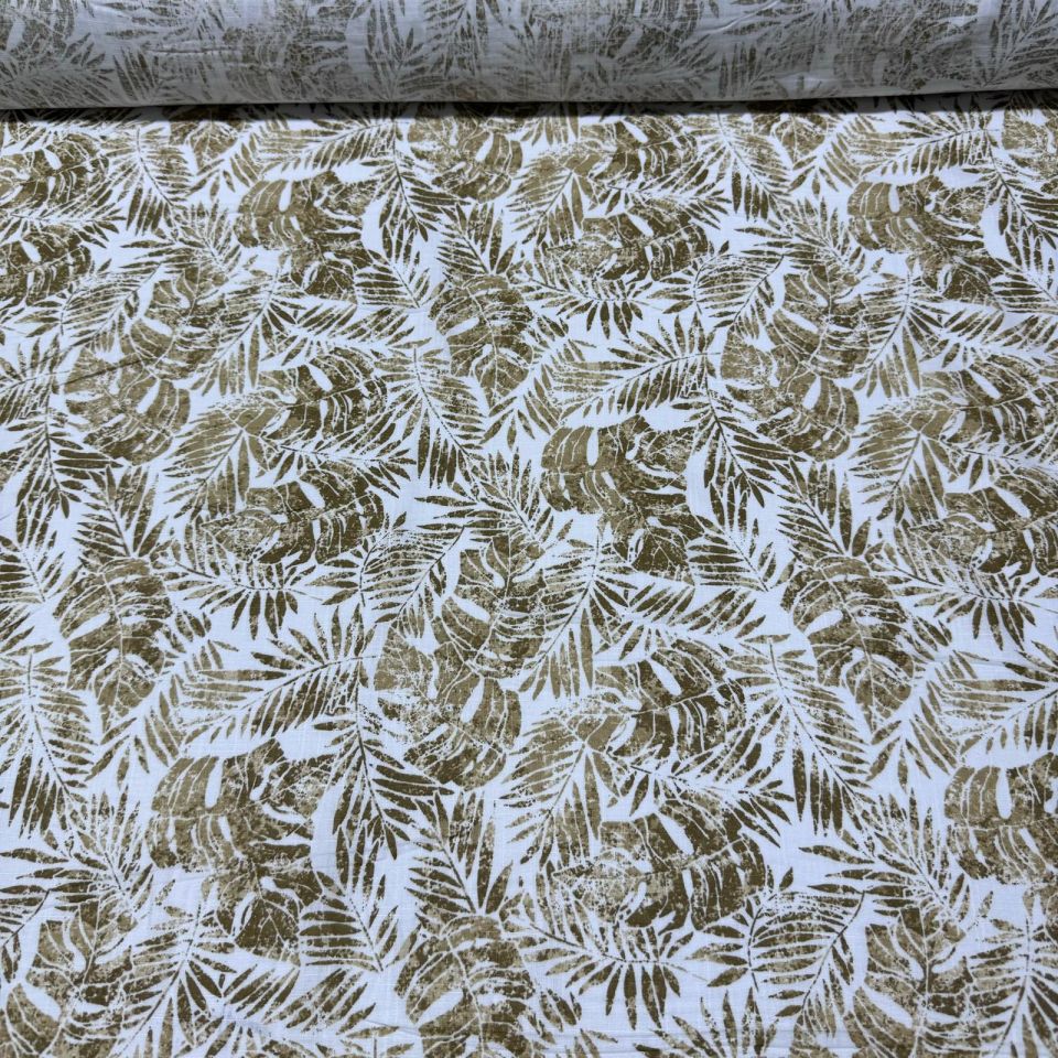 %100 Pamuk Flam Keten Kumaş Yaprak Desen Sütlü Kahve