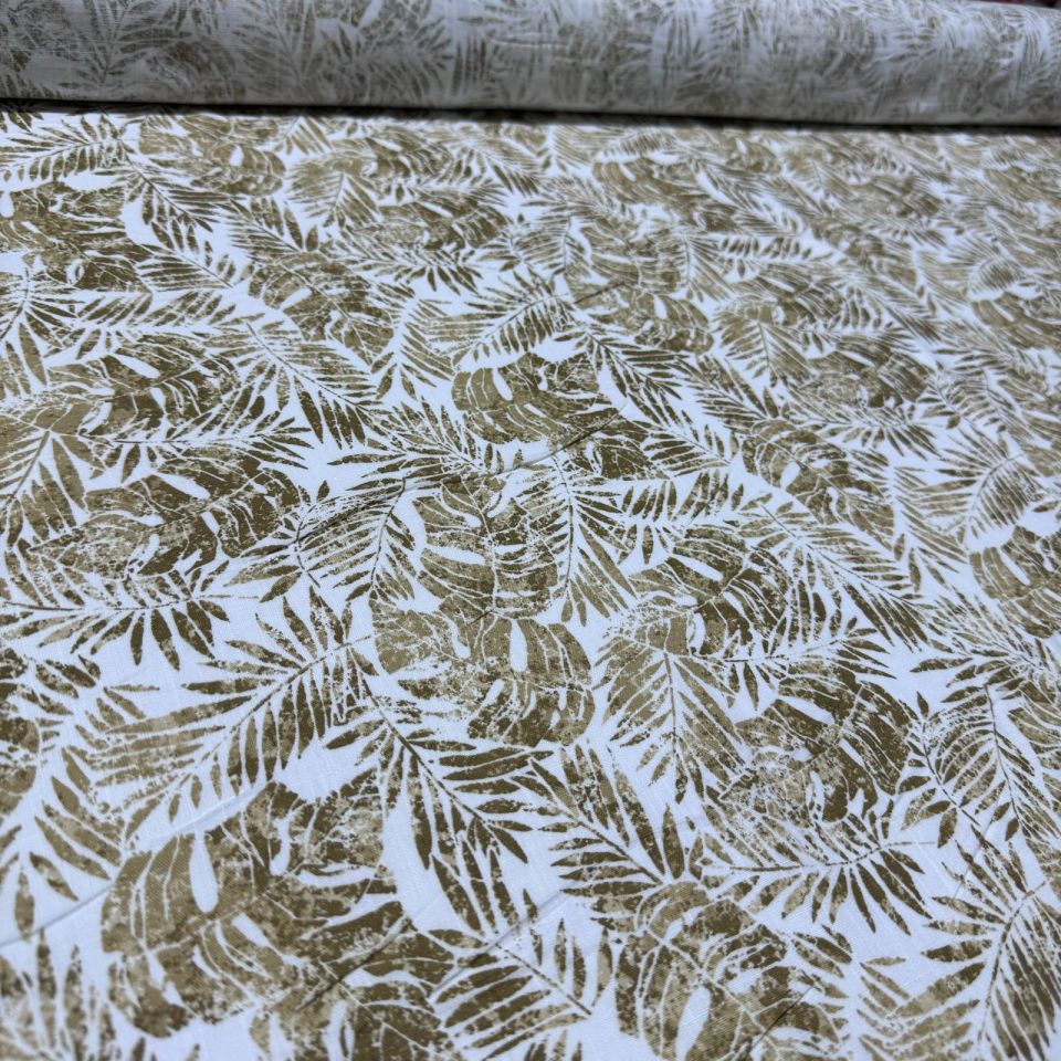 %100 Pamuk Flam Keten Kumaş Yaprak Desen Sütlü Kahve