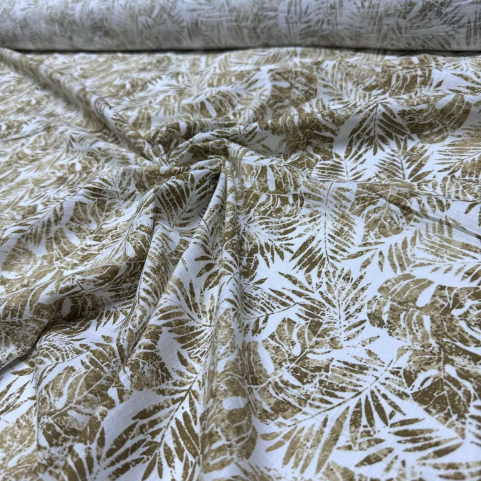 %100 Pamuk Flam Keten Kumaş Yaprak Desen Sütlü Kahve
