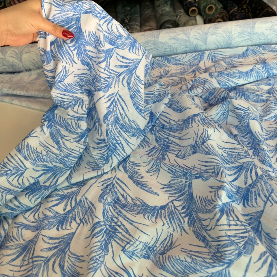 %100 Pamuk Flam Keten Kumaş Mavi Yaprak Desenli