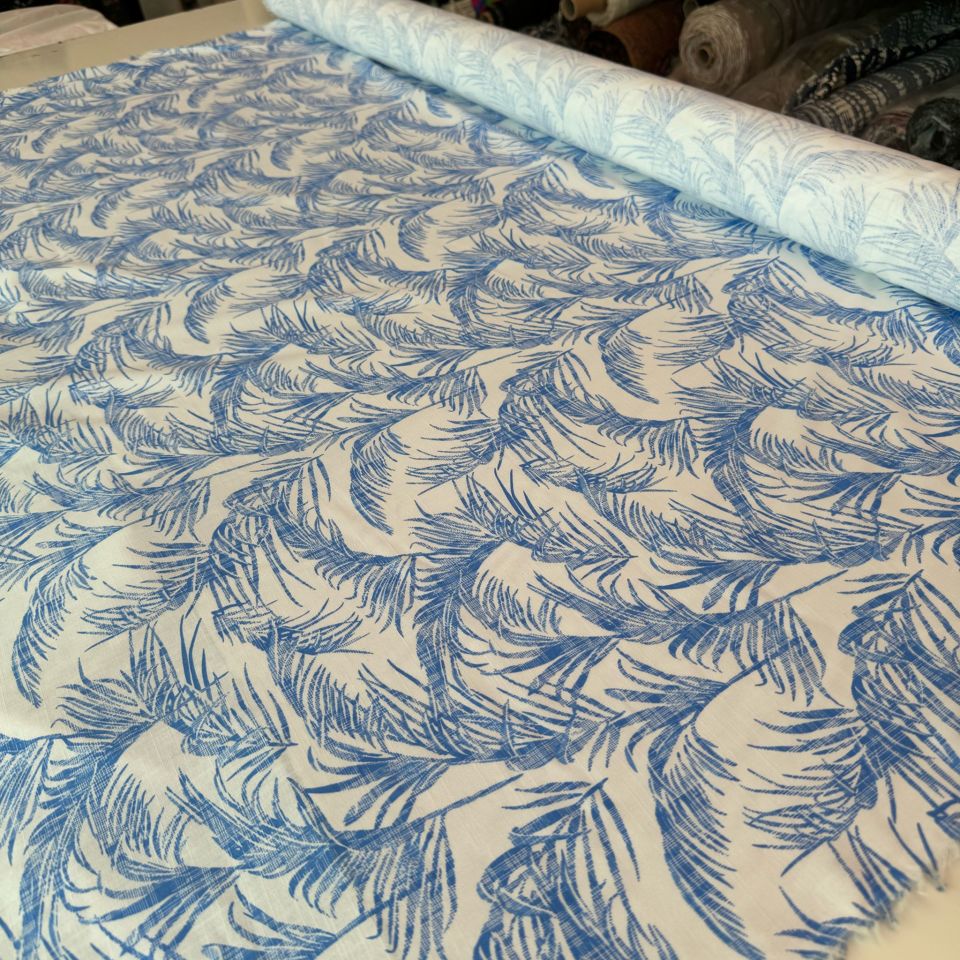 %100 Pamuk Flam Keten Kumaş Mavi Yaprak Desenli