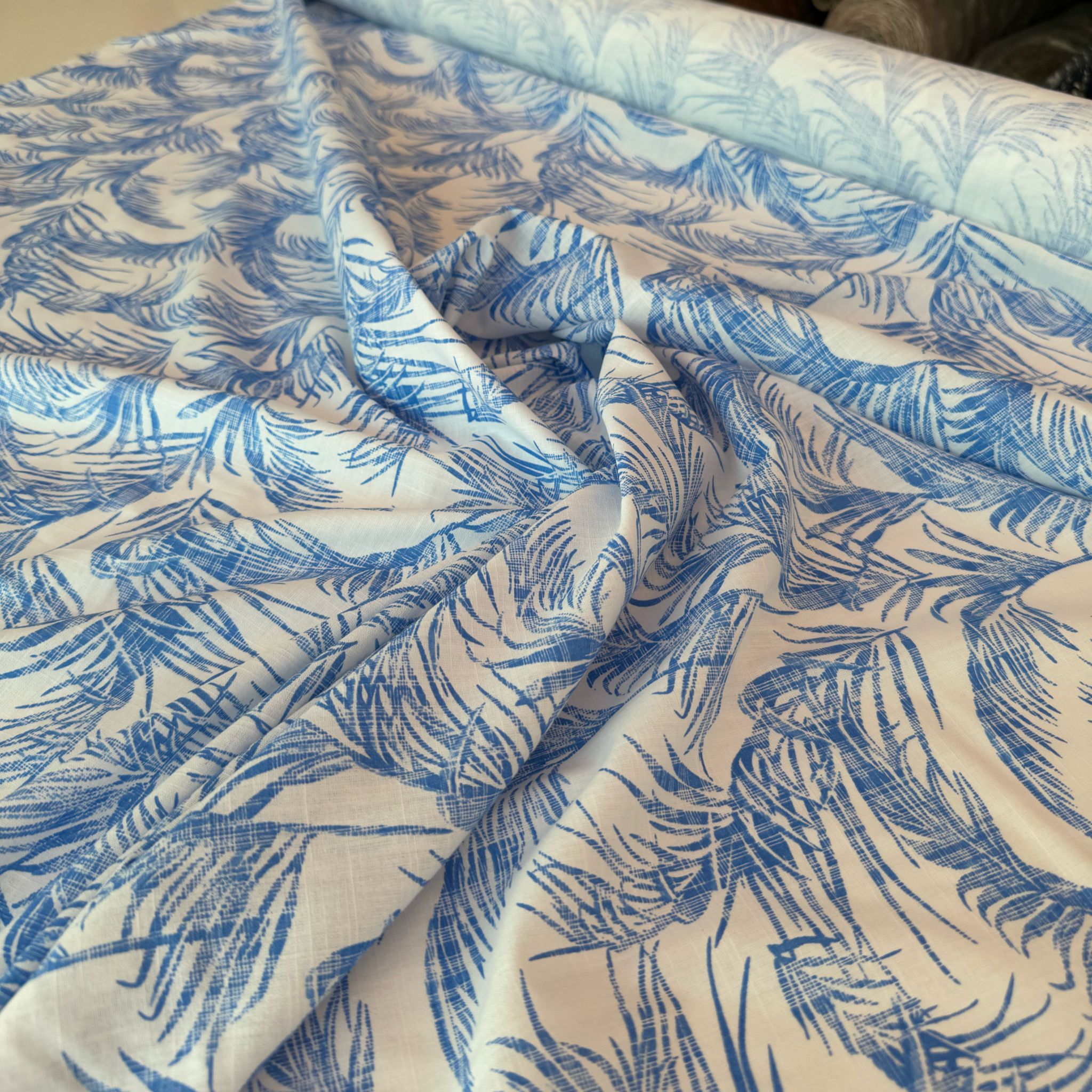 %100 Pamuk Flam Keten Kumaş Mavi Yaprak Desenli