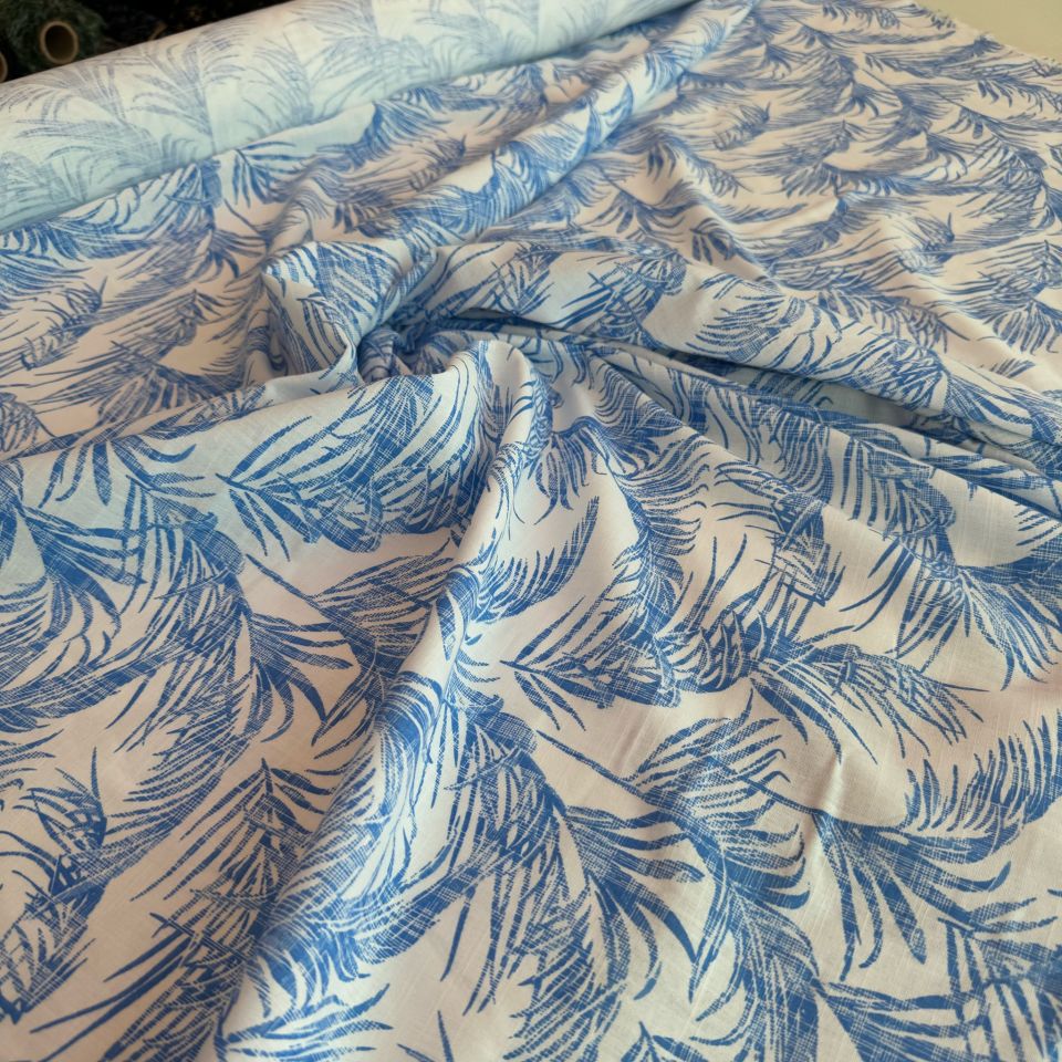 %100 Pamuk Flam Keten Kumaş Mavi Yaprak Desenli
