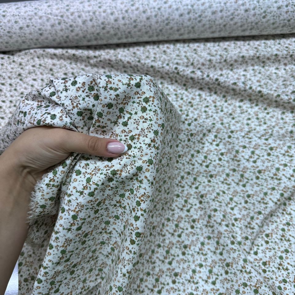 Pamuk Flam Keten Kumaş Küçük Yeşil Çiçek Desen