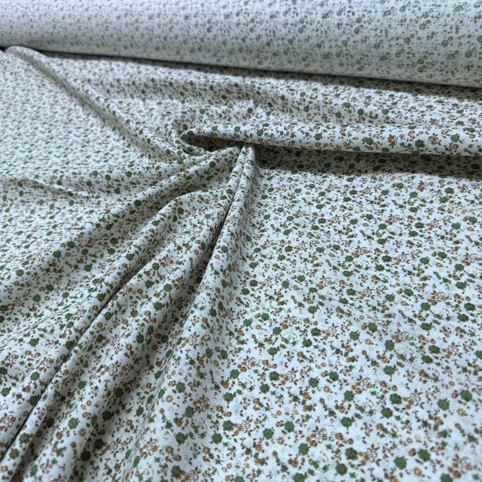 Pamuk Flam Keten Kumaş Küçük Yeşil Çiçek Desen