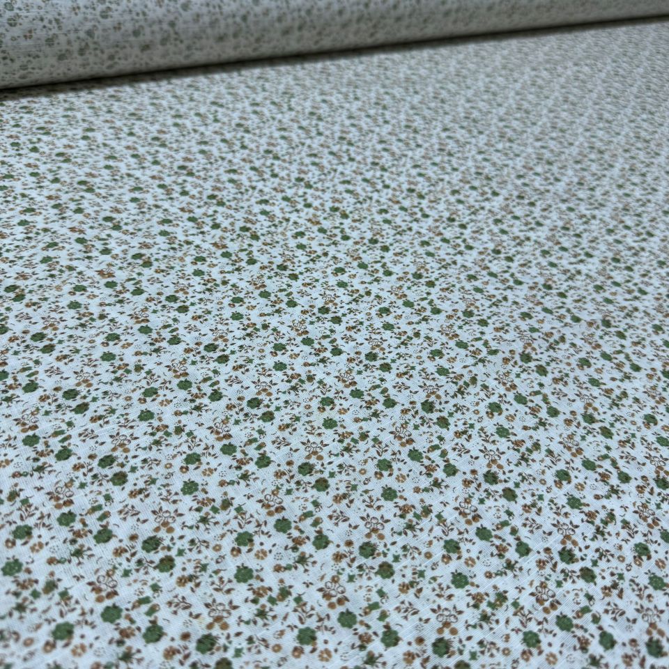 Pamuk Flam Keten Kumaş Küçük Yeşil Çiçek Desen