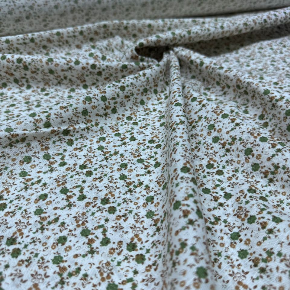 Pamuk Flam Keten Kumaş Küçük Yeşil Çiçek Desen