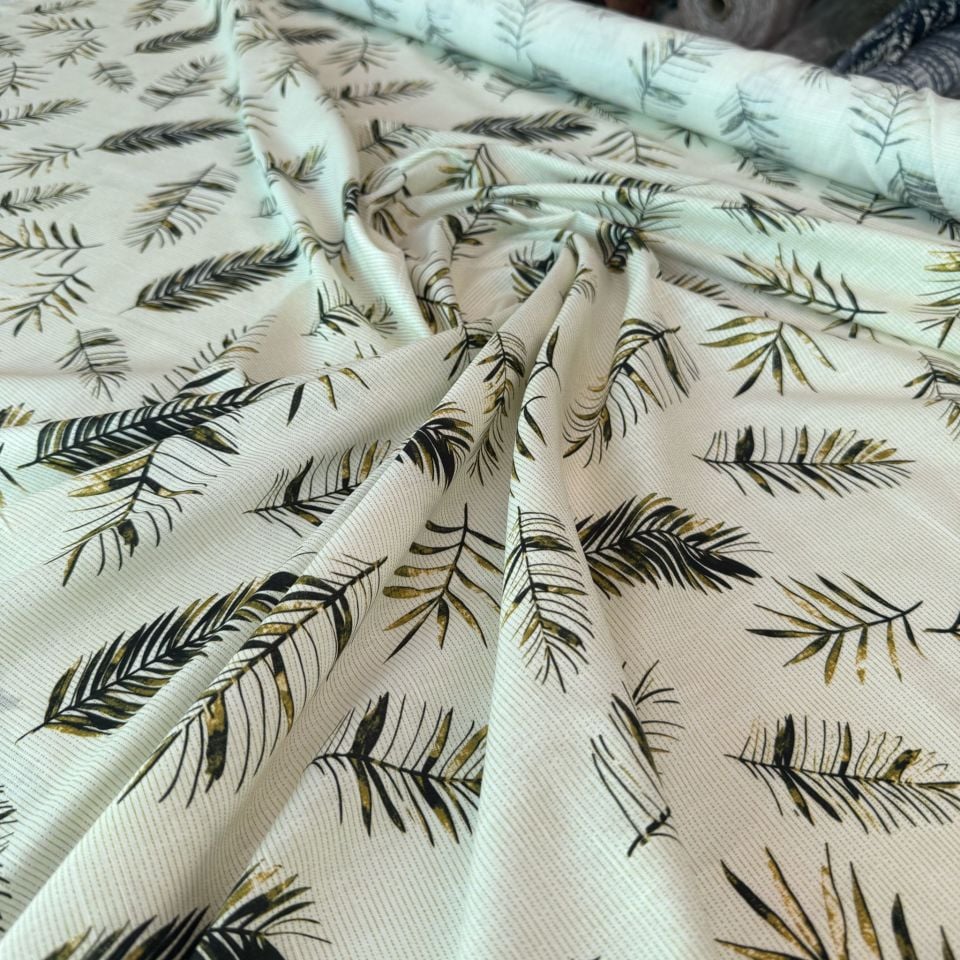 Flam Keten Kumaş Yağ Yeşili Yaprak Desen