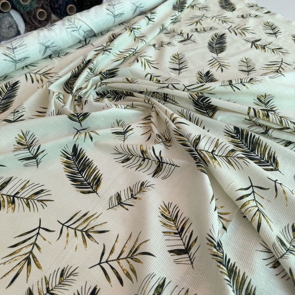 Flam Keten Kumaş Yağ Yeşili Yaprak Desen