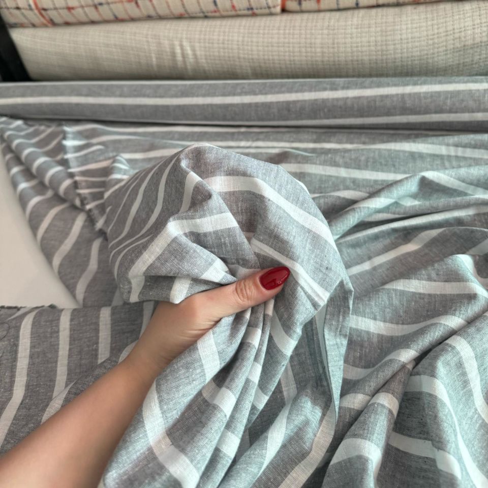 Flam Keten Kumaş Gri Çizgili