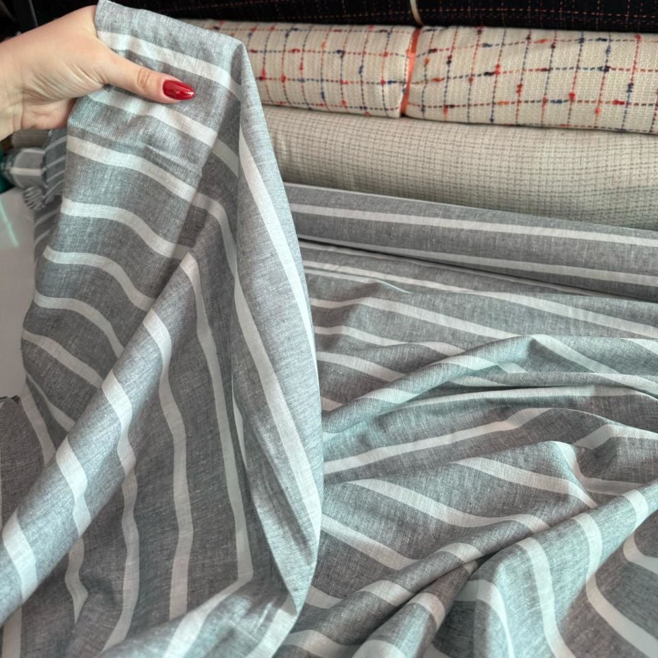 Flam Keten Kumaş Gri Çizgili