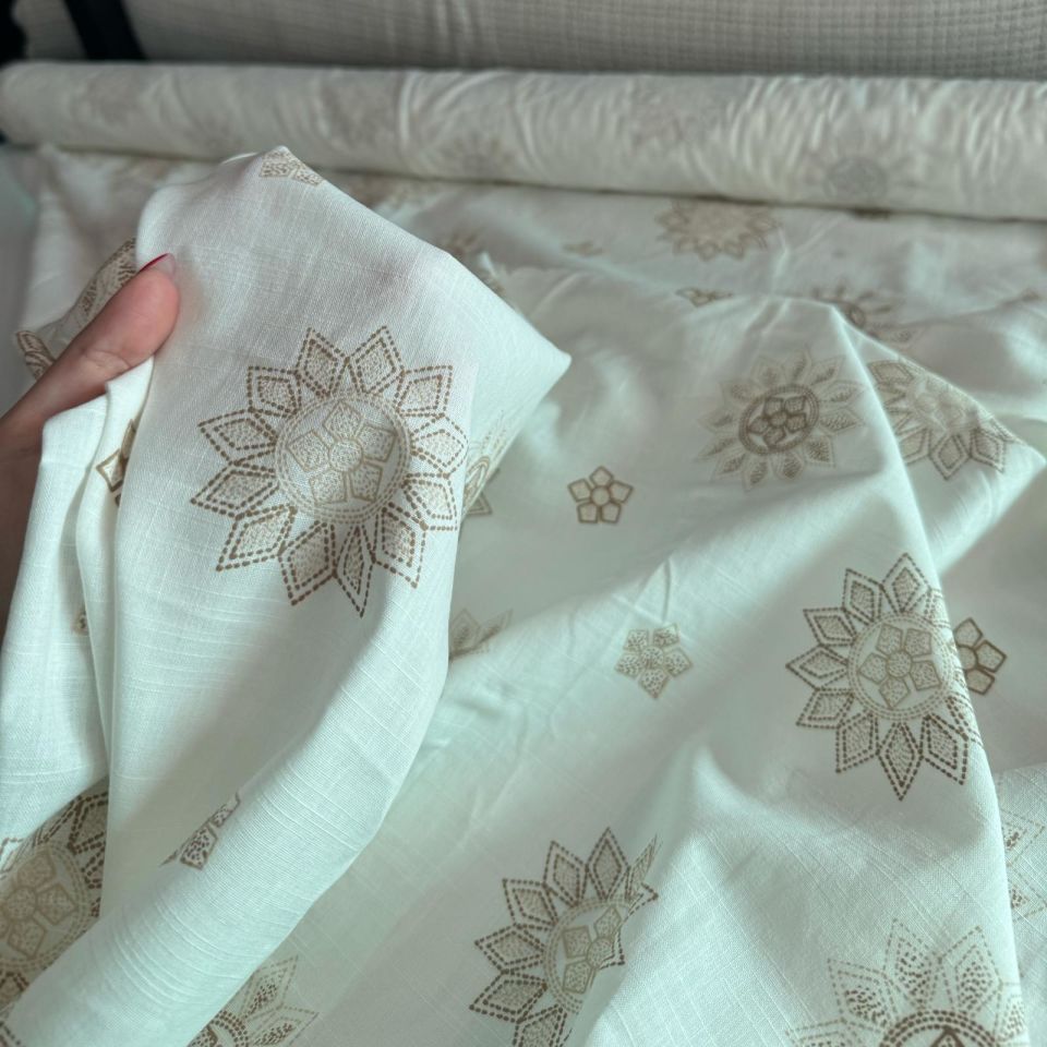 Flam Keten Kumaş Baskılı Bej Renk Güneş Motif