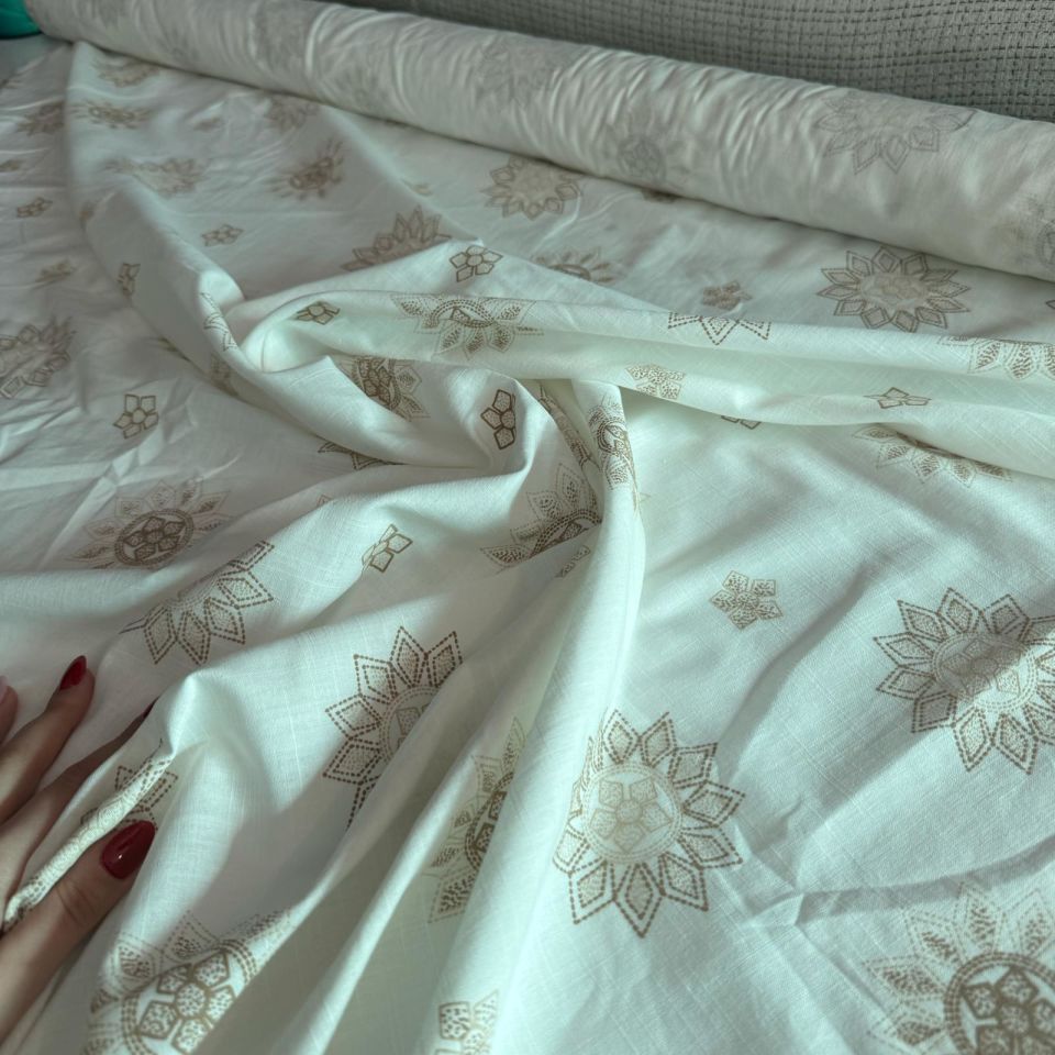 Flam Keten Kumaş Baskılı Bej Renk Güneş Motif