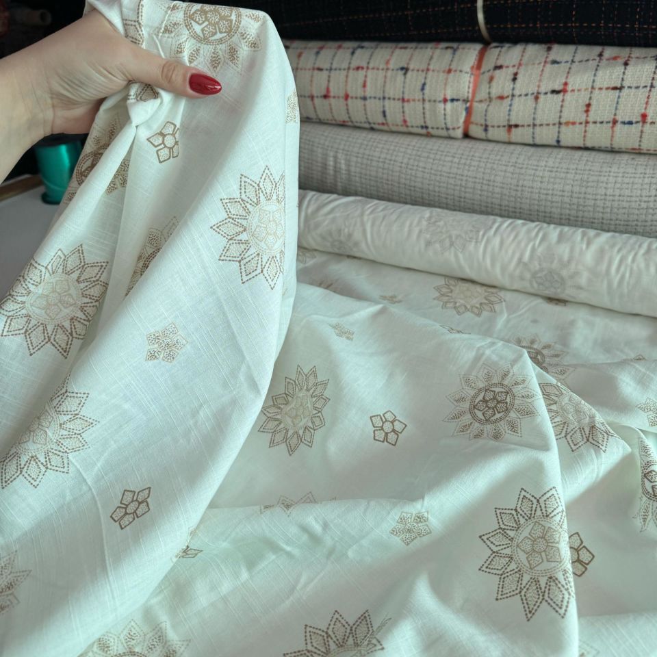 Flam Keten Kumaş Baskılı Bej Renk Güneş Motif