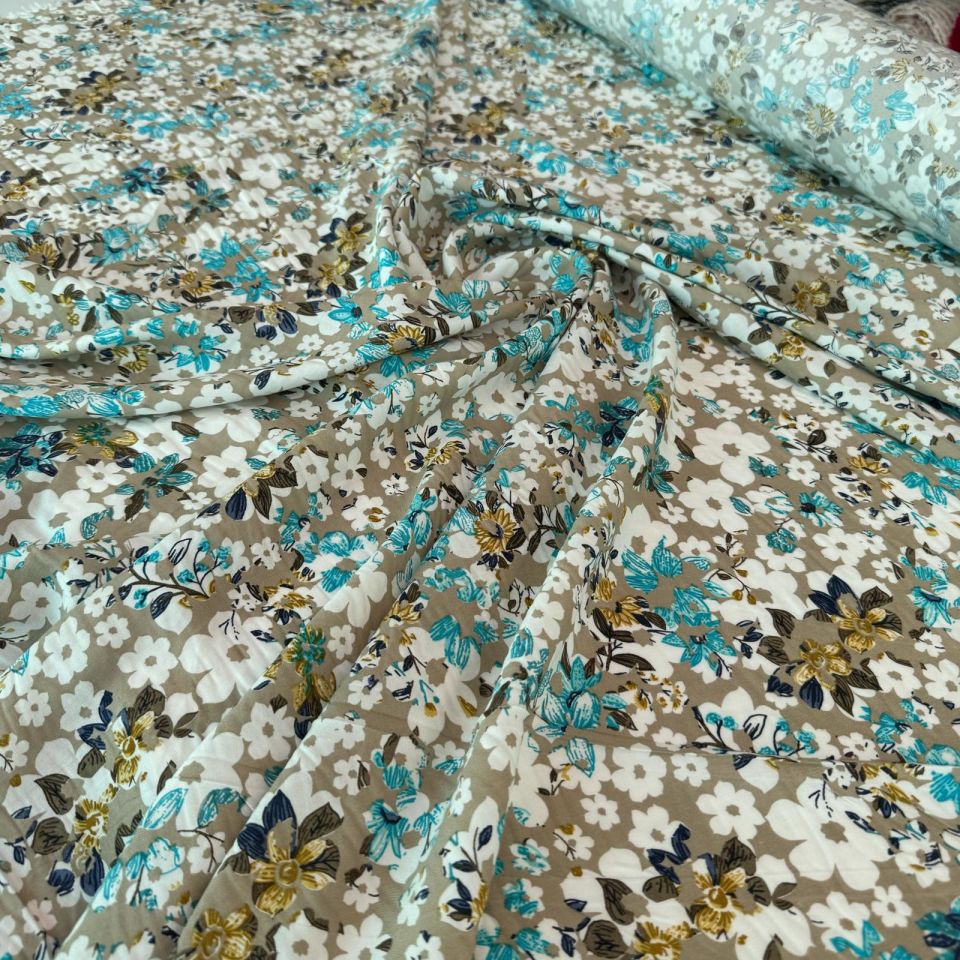 Viskon Kumaş Çiçek Desenli Mavi Çiçekli %100 Pamuk