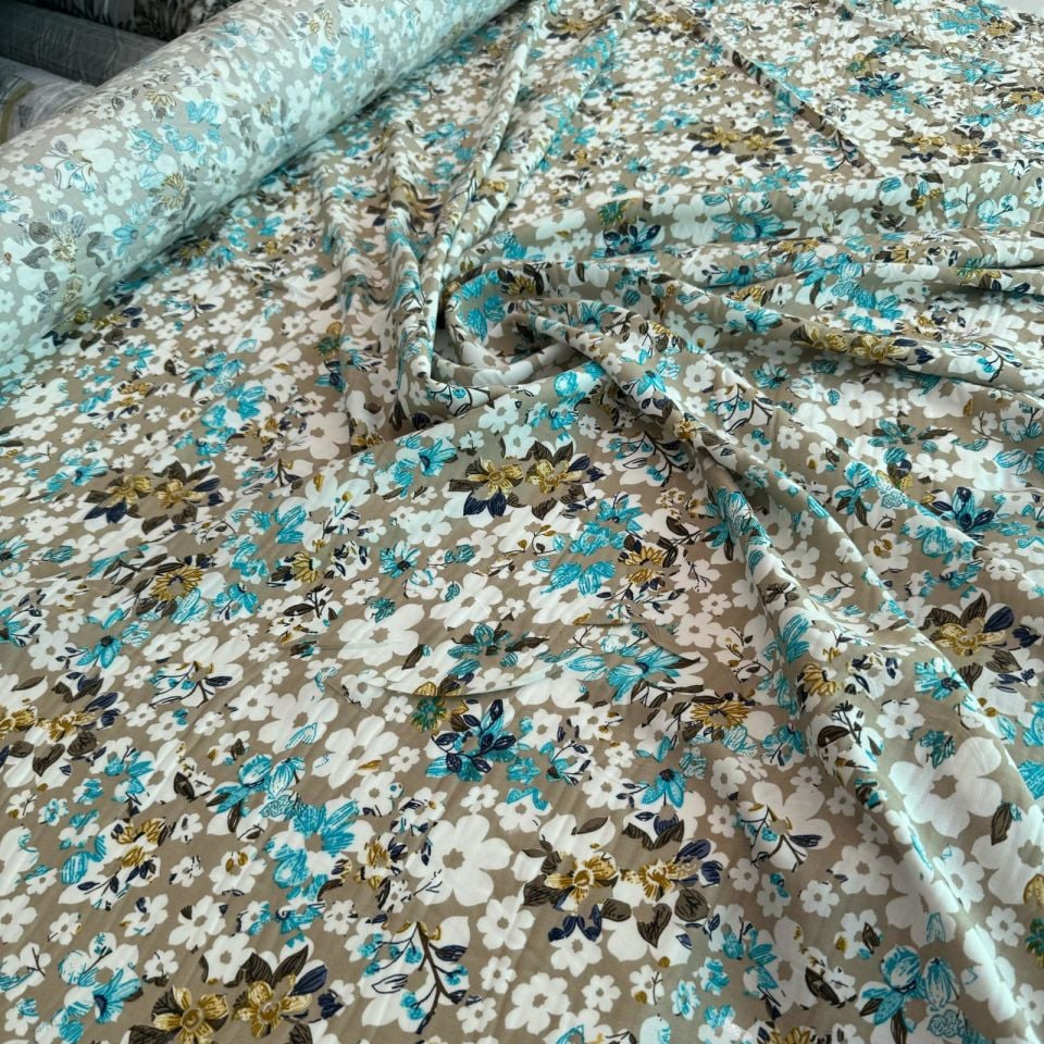 Viskon Kumaş Çiçek Desenli Mavi Çiçekli %100 Pamuk
