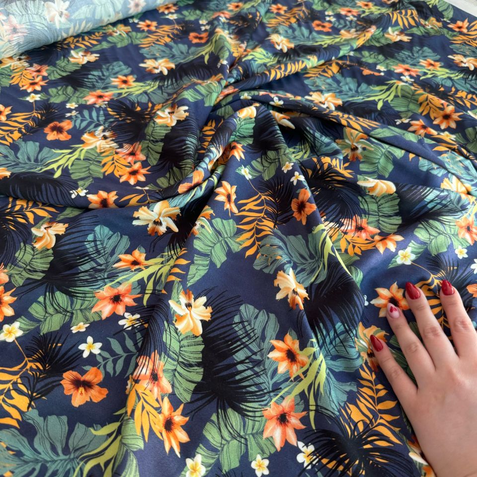 Viskon Kumaş Turuncu Çiçek Desenli %100 Pamuk