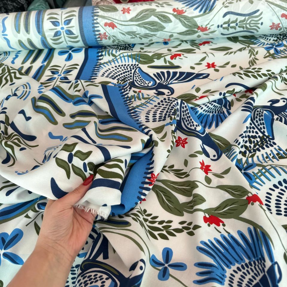 Viskon Kumaş Mavi Çiçek Desenli %100 Pamuk