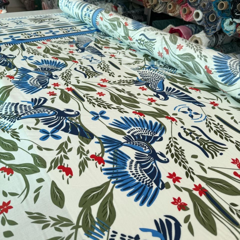 Viskon Kumaş Mavi Çiçek Desenli %100 Pamuk