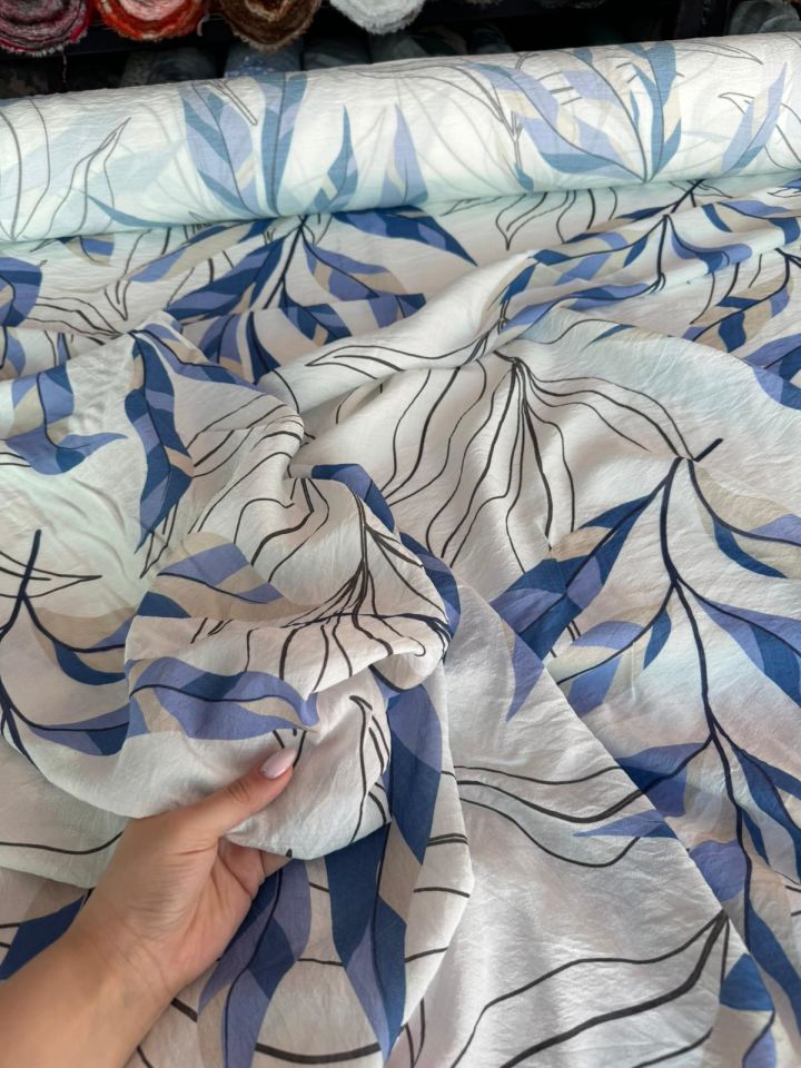 Mango Şifon Kumaş Çiçek Desenli Mavi Renk