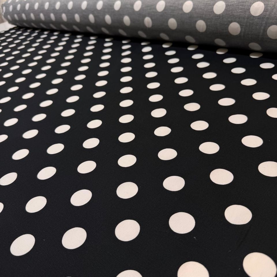 Poplin Kumaş Siyah Beyaz Renk Puantiyeli Desen %100 Pamuk Çift En