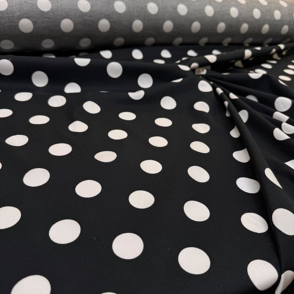 Poplin Kumaş Siyah Beyaz Renk Puantiyeli Desen %100 Pamuk Çift En