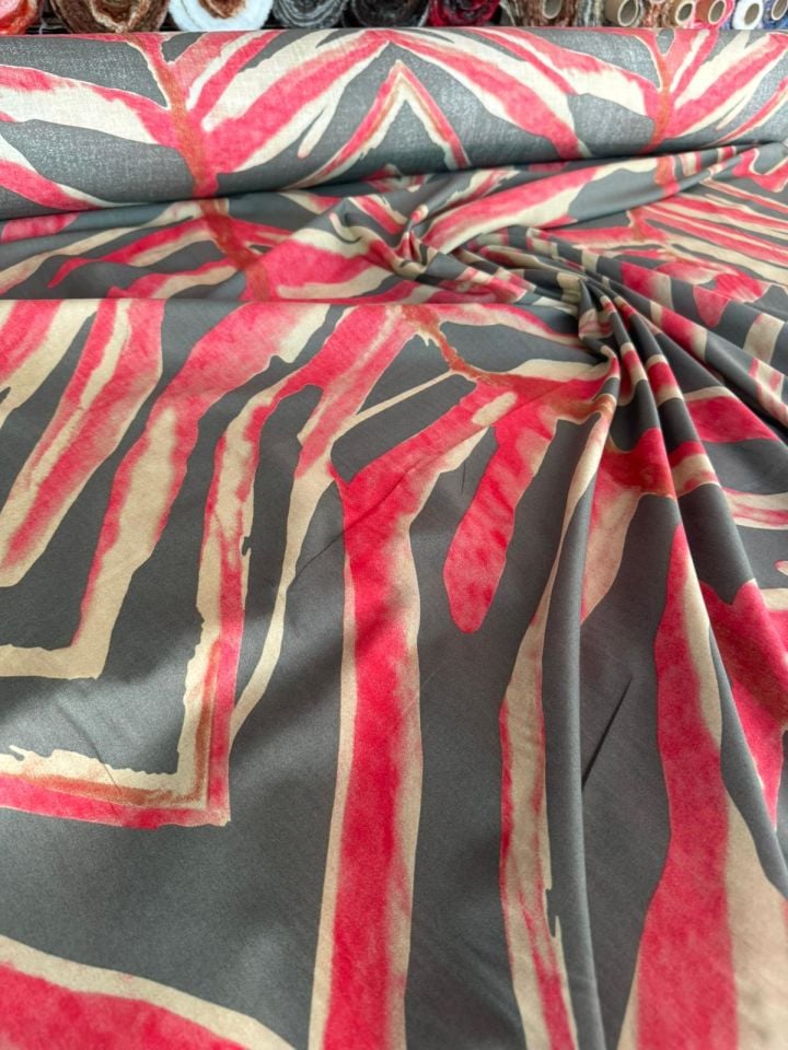 Vual Viskon Kumaş %100 Pamuk Kırmızı Renk Desenli