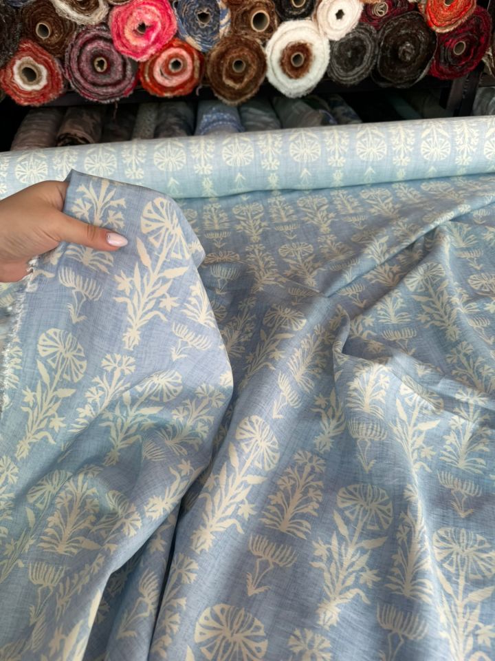 Ayrobin Kumaş Modal Etnik Desenli Motifli Mavi Renk Çiçekli