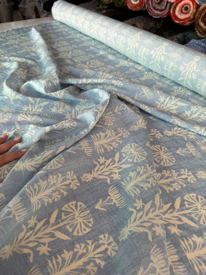 Ayrobin Kumaş Modal Etnik Desenli Motifli Mavi Renk Çiçekli