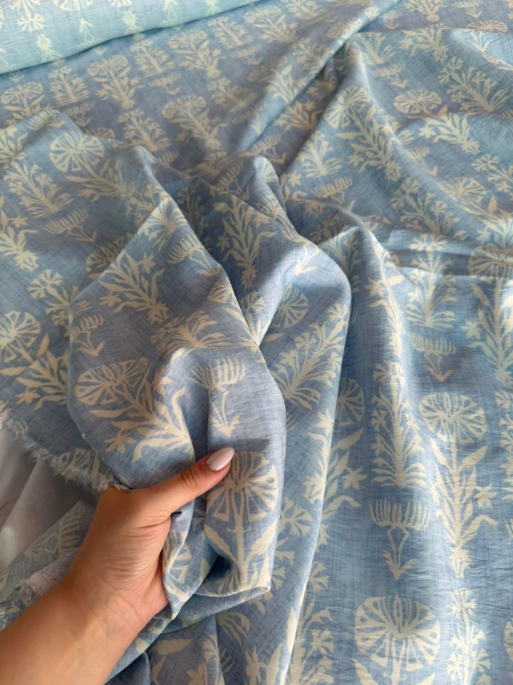 Ayrobin Kumaş Modal Etnik Desenli Motifli Mavi Renk Çiçekli