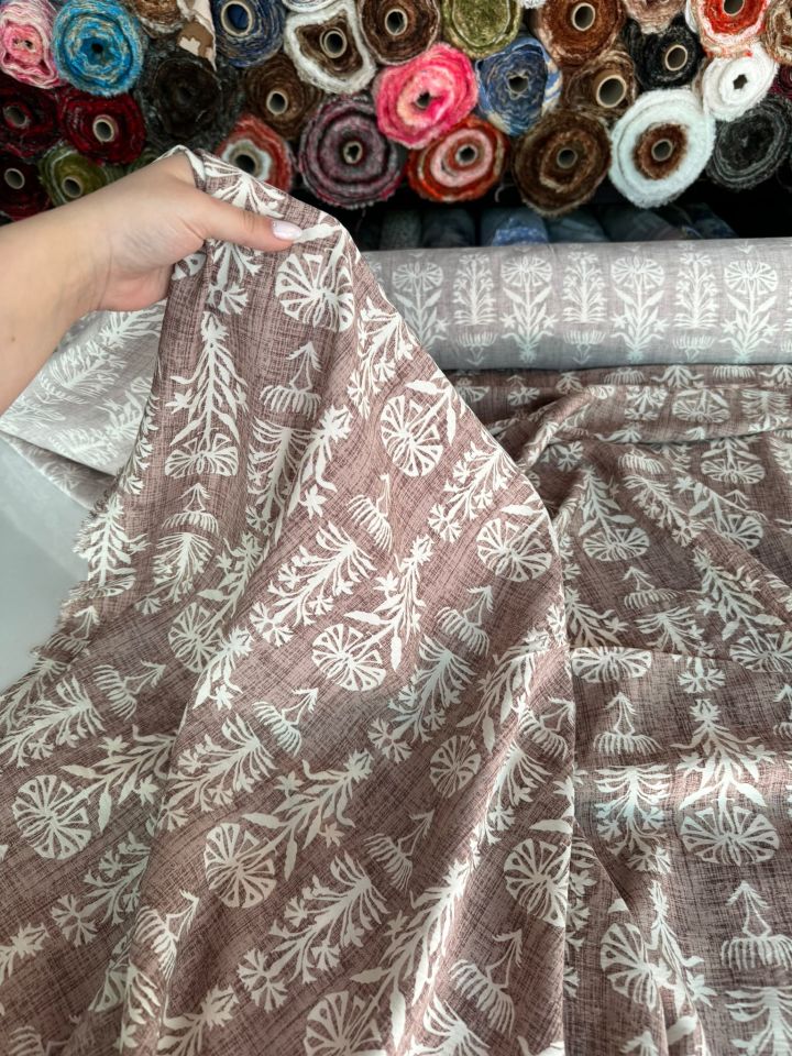 Ayrobin Kumaş Modal Etnik Desenli Çiçek Desenli Taba Kahverengi