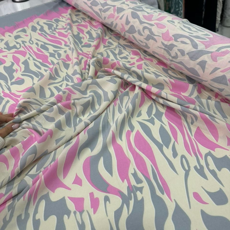 İthal Viskon Kumaş Sulu Desen %100 Pamuk Desenli Viskon Pembe