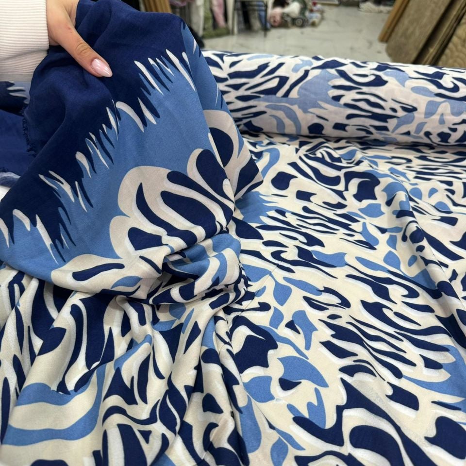 İthal Viskon Kumaş Sulu Desen %100 Pamuk Desenli Mavi Renk