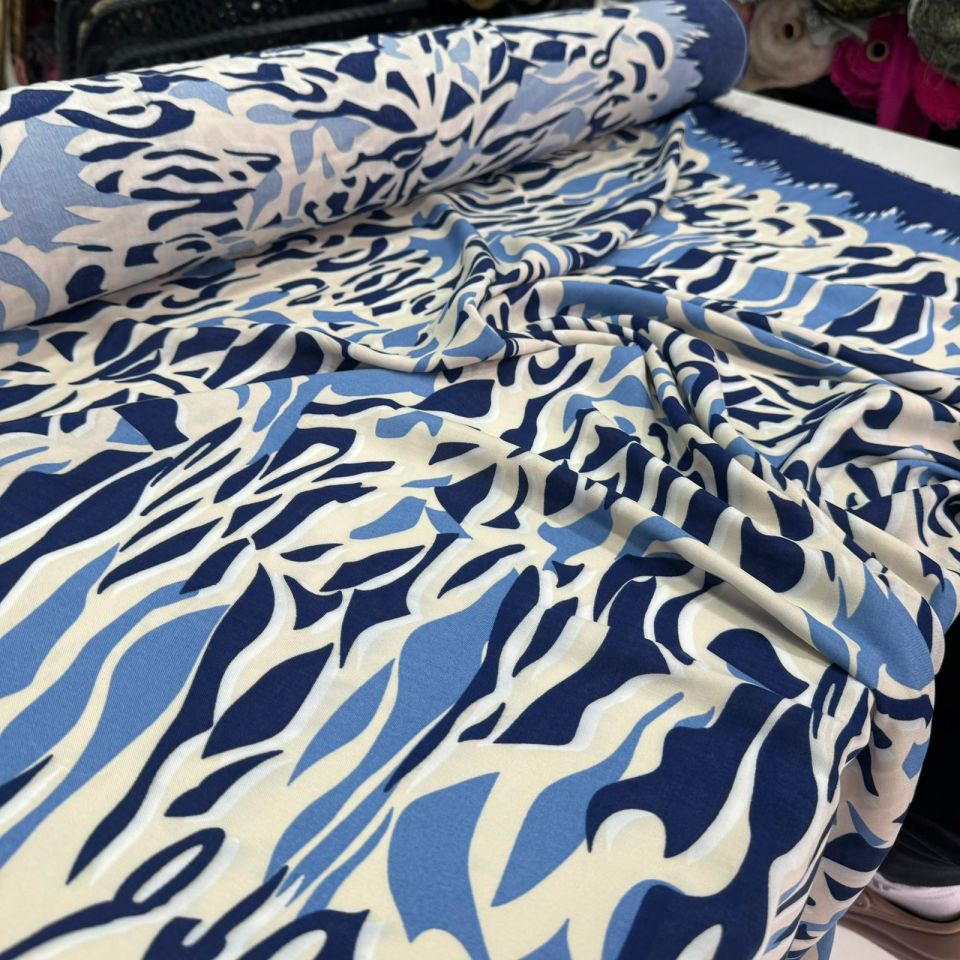 İthal Viskon Kumaş Sulu Desen %100 Pamuk Desenli Mavi Renk