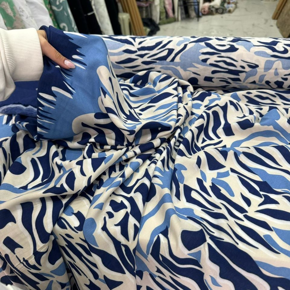 İthal Viskon Kumaş Sulu Desen %100 Pamuk Desenli Mavi Renk