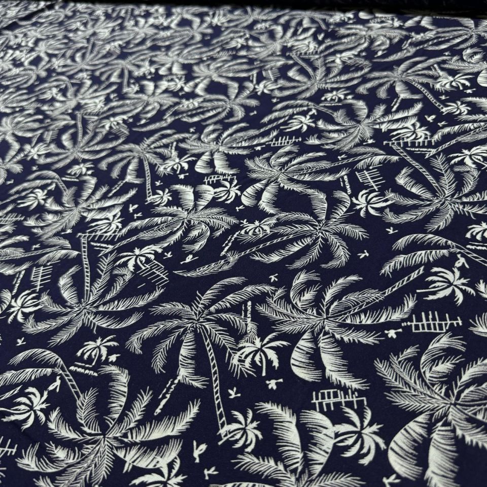 İthal Viskon Kumaş Palmiye Desenli Lacivert Renk %100 Pamuk