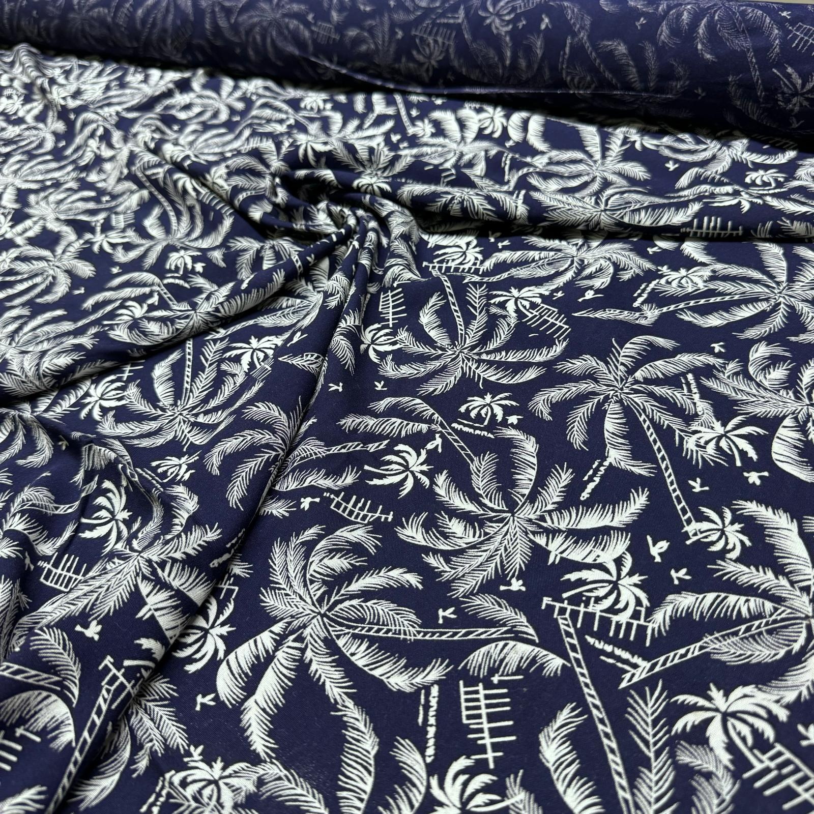 İthal Viskon Kumaş Palmiye Desenli Lacivert Renk %100 Pamuk