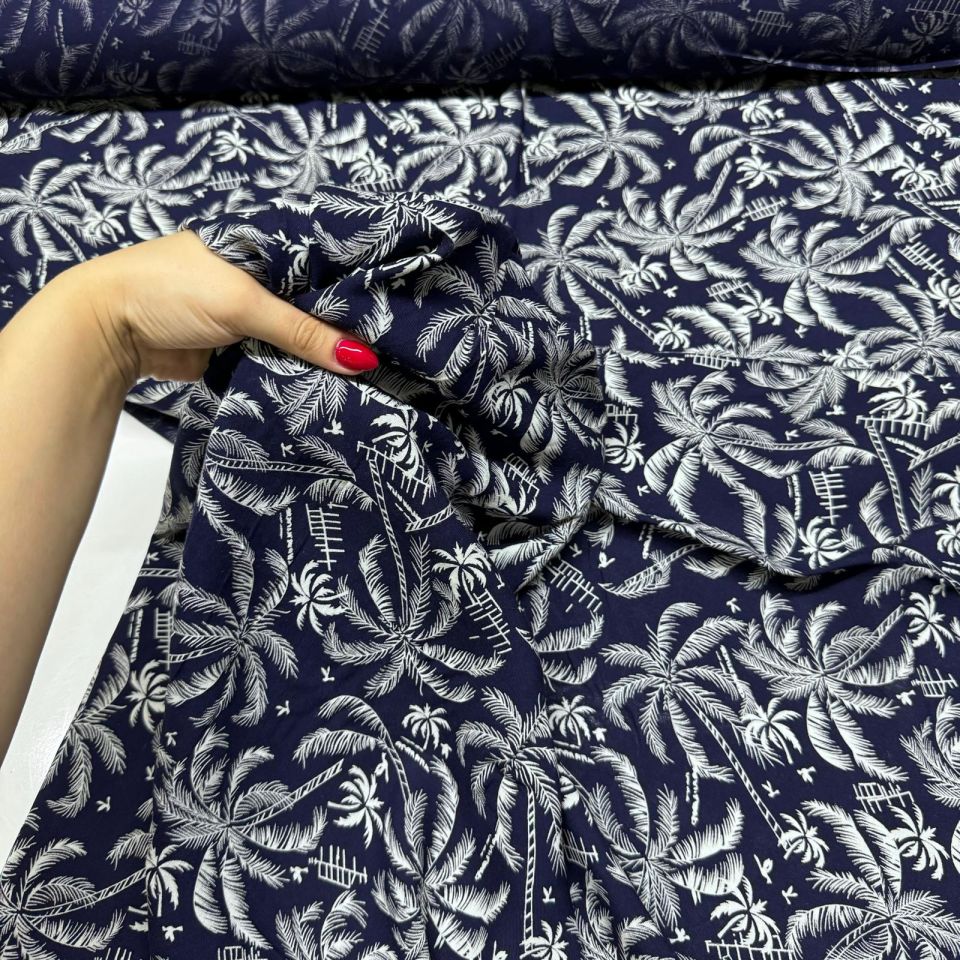 İthal Viskon Kumaş Palmiye Desenli Lacivert Renk %100 Pamuk