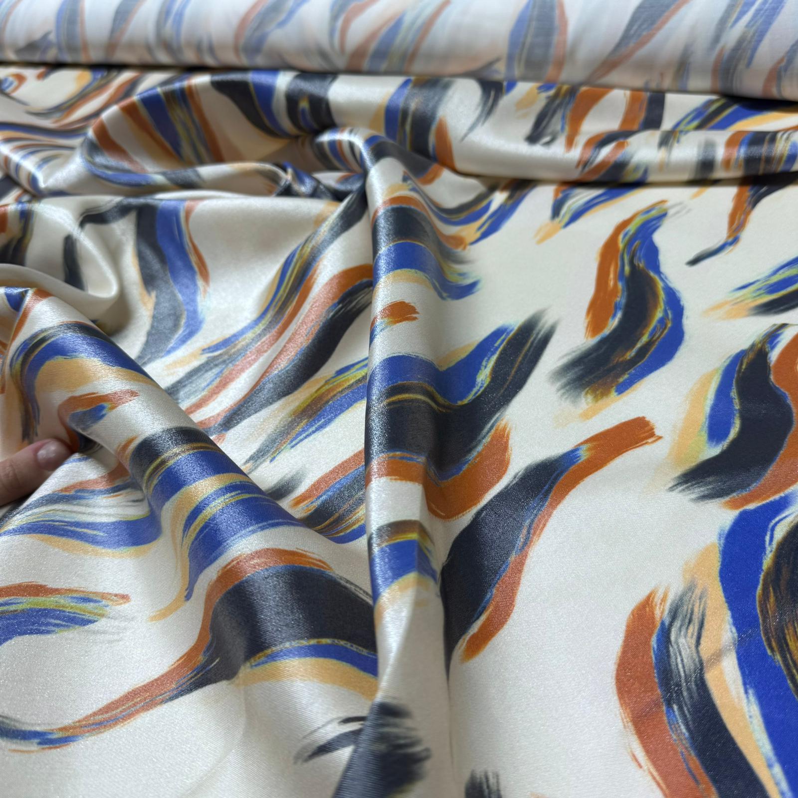 Floş Saten Kumaş Parlak Işıltılı Çift En Şal Desen Turuncu Mavi