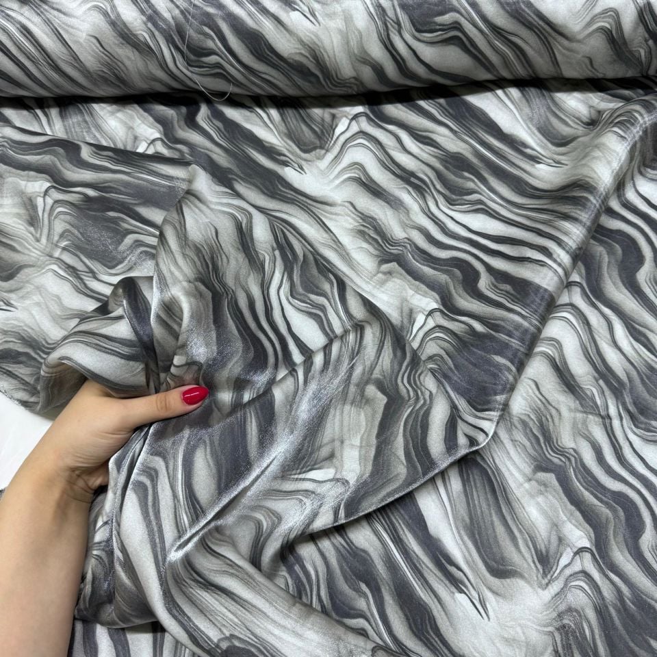 Floş Saten Kumaş Parlak Işıltılı Çift En Gri Zebra Desen